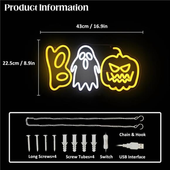 Halloween Boo Neon Sign Spooky Ghost Light Pumpkin House Decor Orange Pumpkin - Picture 4 of 8